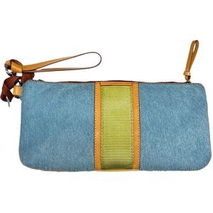 Plank Vendeta Clutch Wristet Blue Fur Leather Trim Green Striped Bag NEW